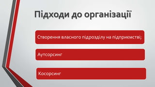 Підходи до організації
Створення власного підрозділу на підприємстві;
Аутсорсинг
Косорсинг
 