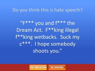 Do you think this is hate speech?

   “F*** you and f*** the
  Dream Act. F**king illegal
 f**king wetbacks. Suck my
   c***. I hope somebody
        shoots you.”
 