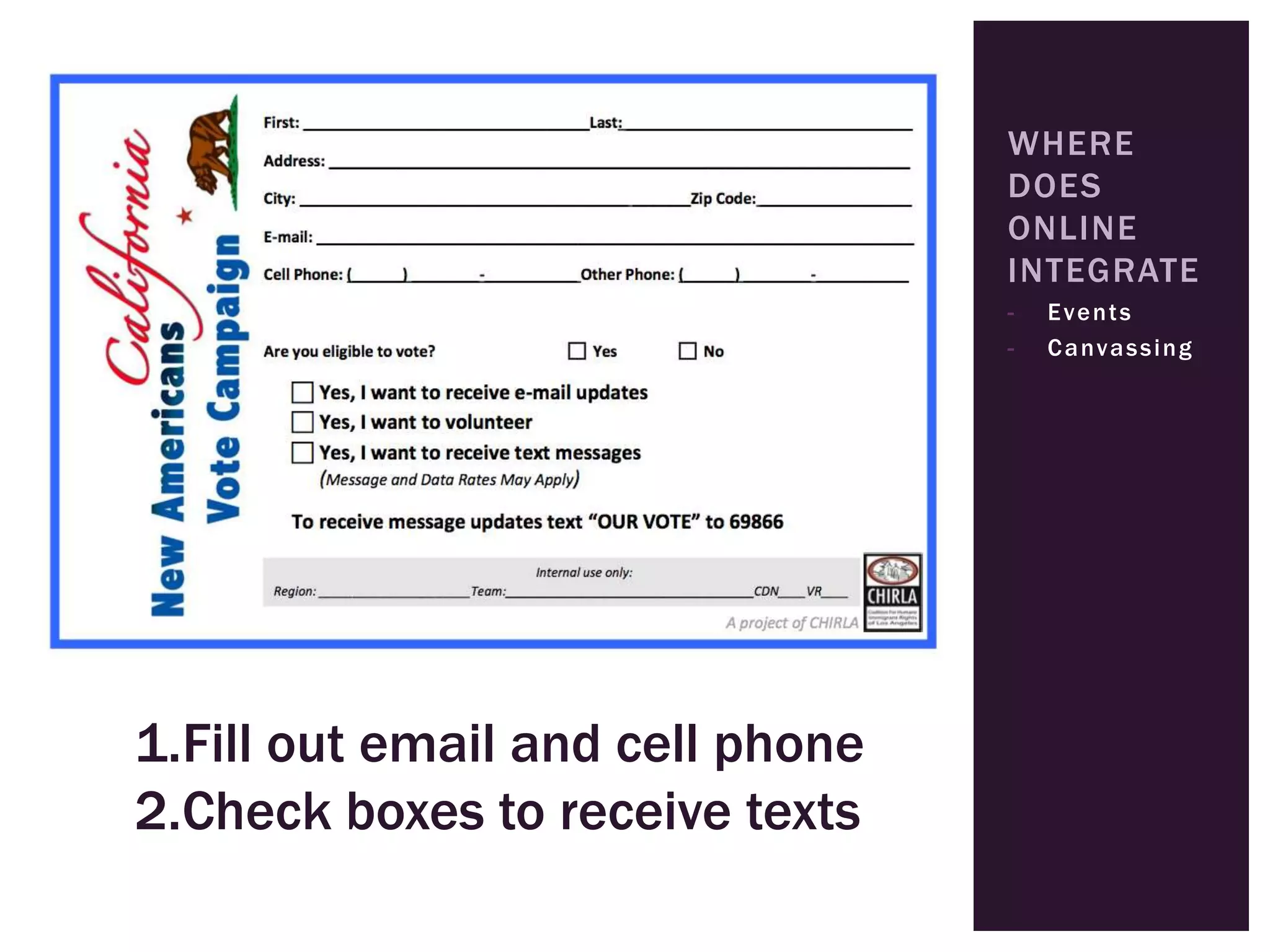WHERE
                                  DOES
                                  ONLINE
                                  INTEGRATE
                                  -   Events
                                  -   C a nv a s s i n g




1.Fill out email and cell phone
2.Check boxes to receive texts
 