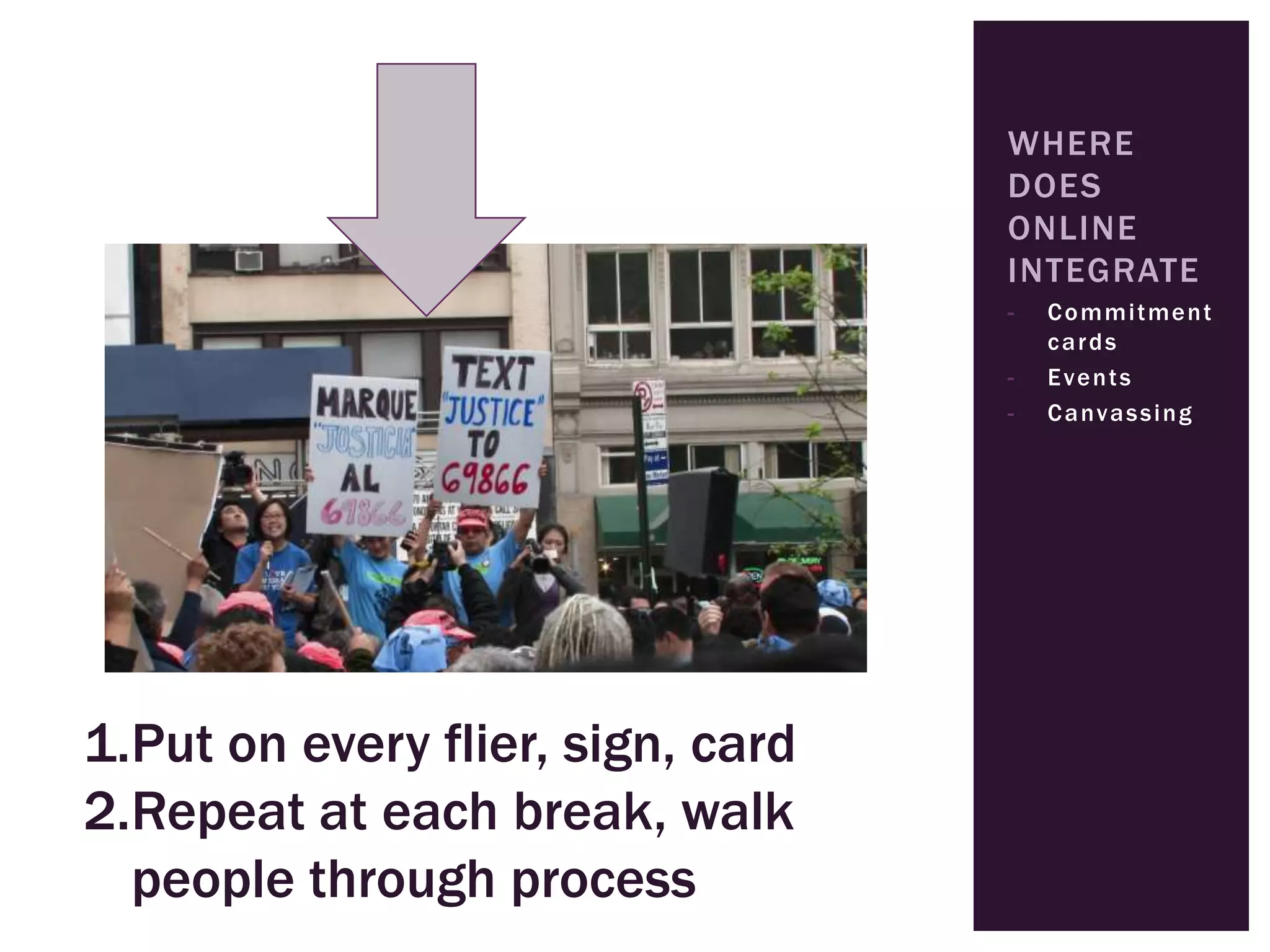 WHERE
                                   DOES
                                   ONLINE
                                   INTEGRATE
                                   -   C o m m i t me n t
                                       cards
                                   -   Events
                                   -   C a nv a s s i n g




1.Put on every flier, sign, card
2.Repeat at each break, walk
  people through process
 