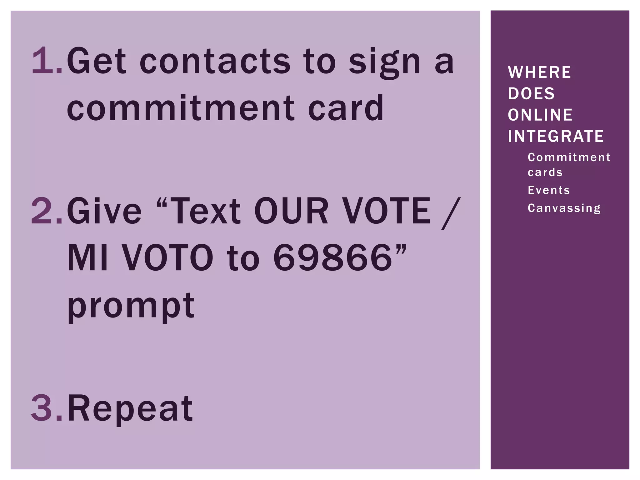 1.Get contacts to sign a   WHERE
                           DOES
  commitment card          ONLINE
                           INTEGRATE
                           -   C o m m i t me n t
                               cards
                           -   Events

2.Give “Text OUR VOTE /    -   C a nv a s s i n g



  MI VOTO to 69866”
  prompt

3.Repeat
 