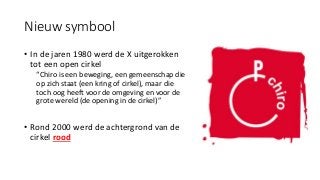 Nieuw symbool
• In de jaren 1980 werd de X uitgerokken
tot een open cirkel
“Chiro is een beweging, een gemeenschap die
op zich staat (een kring of cirkel), maar die
toch oog heeft voor de omgeving en voor de
grote wereld (de opening in de cirkel)”
• Rond 2000 werd de achtergrond van de
cirkel rood
 