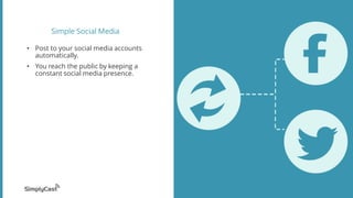Simple Social Media
• Post to your social media accounts
automatically.
• You reach the public by keeping a
constant social media presence.