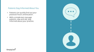 Patients Stay Informed About You
• Patients can quickly find out your
practice’s hours and location.
• With a simple text message
patients, new and old, stay
informed about your practice.