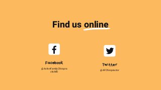 Find us online
Facebook
@ActiveFamilyChiropra
cticMD
Twitter
@AFChiropractor
 