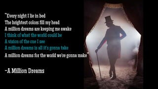 “Every night I lie in bed
The brightest colors fill my head
A million dreams are keeping me awake
I think of what the world could be
A vision of the one I see
A million dreams is all it's gonna take
A million dreams for the world we're gonna make”
-A Million Dreams
 
