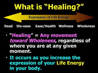 What is “Healing?” “ Healing ” =  Any movement  toward Wholeness ,  regardless of where you are at any given moment. It occurs as you increase the expression of your   Life Energy   in your body. Dead  Dis-ease  Ease/Health  Wellness  Wholeness Expression of Life Energy 