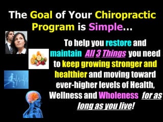 The  Goal  of Your  Chiropractic Program  is  Simple … To help you  restore  and  maintain  All   3   Things   you need to  keep growing stronger and healthier  and moving toward ever-higher levels of Health, Wellness and  Wholeness   for as long as you live ! 