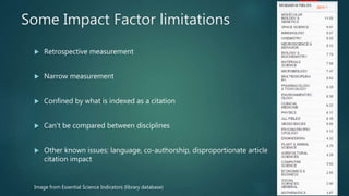 Some Impact Factor limitations
 Retrospective measurement
 Narrow measurement
 Confined by what is indexed as a citation
 Can’t be compared between disciplines
 Other known issues: language, co-authorship, disproportionate article
citation impact
Image from Essential Science Indicators (library database)
 