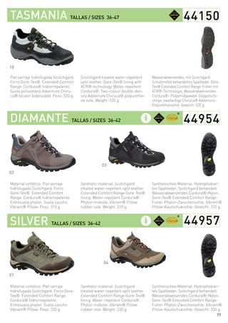 11
Wasserabweisendes, mit Scotchgard-
Schutzmittel behandeltes Spaltleder. Gore-
Tex® Extended Comfort Range-Futter mit
XCR®-Technologie. Wasserabweisendes
Cordura®- Polyamidgewebe. Doppelschi-
chtige, zweifarbige Chiruca® Adventure-
Polyurethansohle. Gewicht: 520 g.
Synthetisches Material. Hydrophobier-
tes Spaltleder, Scotchgard behandelt.
Wasserabweisendes Cordura®-Nylon.
Gore-Tex® Extended Comfort Range-
Futter. Phylon-Zwischensohle. Vibram®
Pillow-Kautschuksohle. Gewicht: 310 g.
Synthetisches Material. Hydrophobier-
tes Spaltleder, Scotchgard behandelt.
Wasserabweisendes Cordura®-Nylon.
Gore-Tex® Extended Comfort Range-
Futter. Phylon-Zwischensohle. Vibram®
Pillow-Kautschuksohle. Gewicht: 330 g.
Scotchgard treated water-repellent
split leather. Gore-Tex® lining with
XCR® technology. Water-repellent
Cordura®. Two-colour double-den-
sity Adventure Chiruca® polyuretha-
ne sole. Weight: 520 g.
Synthetic material. Scotchgard
treated water-repellent split leather.
Extended Comfort Range Gore-Tex®
lining. Water-repellent Cordura®.
Phylon midsole. Vibram® Pillow
rubber sole. Weight: 310 g.
Synthetic material. Scotchgard
treated water-repellent split leather.
Extended Comfort Range Gore-Tex®
lining. Water-repellent Cordura®.
Phylon midsole. Vibram® Pillow
rubber sole. Weight: 330 g.
Piel serraje hidrofugada Scotchgard.
Forro Gore-Tex®. Extended Comfort
Range. Cordura® hidrorrepelente.
Suela poliuretano Adventure Chiru-
ca® bicolor bidensidad. Peso: 520 g.
Material sintético. Piel serraje
hidrofugada Scotchgard. Forro
Gore-Tex®. Extended Comfort
Range. Cordura® hidrorrepelente.
Entresuela phylon. Suela caucho
Vibram® Pillow. Peso: 310 g.
Material sintético. Piel serraje
hidrofugada Scotchgard. Forro Gore-
Tex®. Extended Comfort Range.
Cordura® hidrorrepelente.
Entresuela phylon. Suela caucho
Vibram® Pillow. Peso: 330 g.
TASMANIA TALLAS / SIZES 36-47
DIAMANTE TALLAS / SIZES 36-42
SILVER TALLAS / SIZES 36-42
10
02
01
03
04
44150
44954
44957
®
®
 