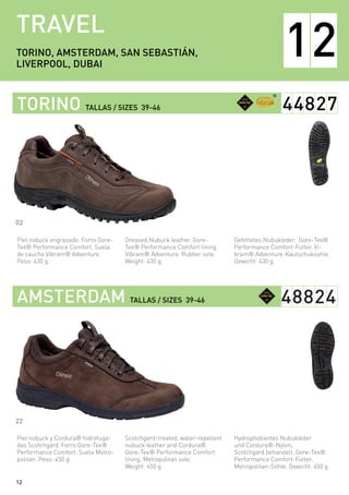 12
TRAVEL
12TORINO, AMSTERDAM, SAN SEBASTIÁN,
LIVERPOOL, DUBAI
Gefettetes Nubukleder. Gore-Tex®
Performance Comfort-Futter. Vi-
bram® Adventure-Kautschuksohle.
Gewicht: 430 g.
Hydrophobiertes Nubukleder
und Cordura®-Nylon,
Scotchgard behandelt. Gore-Tex®
Performance Comfort-Futter.
Metropolitan-Sohle. Gewicht: 450 g.
Greased Nubuck leather. Gore-
Tex® Performance Comfort lining.
Vibram® Adventure. Rubber sole.
Weight: 430 g.
Scotchgard-treated, water-repellent
nubuck leather and Cordura®.
Gore-Tex® Performance Comfort
lining. Metropolitan sole.
Weight: 450 g.
Piel nobuck engrasado. Forro Gore-
Tex® Performance Comfort. Suela
de caucho Vibram® Adventure.
Peso: 430 g.
Piel nobuck y Cordura® hidrofuga-
das Scotchgard. Forro Gore-Tex®
Performance Comfort. Suela Metro-
politan. Peso: 450 g.
TORINO TALLAS / SIZES 39-46
AMSTERDAM TALLAS / SIZES 39-46
44827
48824
02
22
®
 