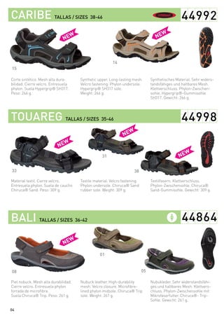 Synthetisches Material. Sehr widers-
tandsfähiges und haltbares Mesh.
Klettverschluss. Phylon-Zwischen-
sohle. Hypergrip®-Gummisohle
SH317. Gewicht: 266 g.
Textilfasern. Klettverschluss.
Phylon-Zwischensohle. Chiruca®
Sand-Gummisohle. Gewicht: 309 g.
Nubukleder. Sehr widerstandsfähi-
ges und haltbares Mesh. Klettvers-
chluss. Phylon-Zwischensohle mit
Mikrofaserfutter. Chiruca®- Trip-
Sohle. Gewicht: 261 g.
Synthetic upper. Long-lasting mesh.
Velcro fastening. Phylon undersole.
Hypergrip® SH317 sole.
Weight: 266 g.
Textile material. Velcro fastening.
Phylon undersole. Chiruca® Sand
rubber sole. Weight: 309 g.
Nubuck leather. High-durability
mesh. Velcro closure. Microfibre-
lined phylon midsole. Chiruca® Trip
sole. Weight: 261 g.
Corte sintético. Mesh alta dura-
bilidad. Cierre velcro. Entresuela
phylon. Suela Hypergrip® SH317.
Peso: 266 g.
Material textil. Cierre velcro.
Entresuela phylon. Suela de caucho
Chiruca® Sand. Peso: 309 g.
Piel nobuck. Mesh alta durabilidad.
Cierre velcro. Entresuela phylon
forrada de microfibra.
Suela Chiruca® Trip. Peso: 261 g.
CARIBE TALLAS / SIZES 38-46
TOUAREG TALLAS / SIZES 35-46
BALI TALLAS / SIZES 36-42
14
05
33
15
38
08
31
04
44992
44998
44864
01
 