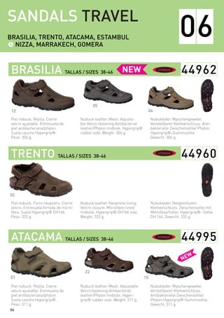 SANDALS TRAVEL
Nubukleder. Maschengewebe.
Verstellbarer Klettverschluss.
Antibakterielle Zwischensohle/
Phylon.Hypergrip®-Gummisohle.
Gewicht: 311 g.
Nubukleder. Neoprenfutter.
Klettverschluss. Zwischensohle mit
Mikrofaserfutter. Hypergrip®- Sohle
DH 166. Gewicht: 332 g.
Nubukleder. Maschengewebe.
Verstellbarer Klettverschluss. Anti-
bakterielle Zwischensohle/ Phylon.
Hypergrip®-Gummisohle.
Gewicht: 306 g.
Nubuck leather. Mesh. Adjustable
Velcro fastening.Antibacterial
leather/Phylon midsole. Hyper-
grip® rubber sole. Weight. 311 g.
Nubuck leather. Neoprene lining.
Velcro closure. Microfibre-lined
midsole. Hypergrip® DH166 sole.
Weight: 332 g.
Nubuck leather. Mesh. Adjusta-
ble Velcro fastening.Antibacterial
leather/Phylon midsole. Hypergrip®
rubber sole. Weight: 306 g.
Piel nobuck. Rejilla. Cierre
velcro ajustable. Entresuela de
piel antibacteriana/phylon.
Suela caucho Hypergrip®.
Peso: 311 g.
Piel nobuck. Forro neopreno. Cierre
velcro. Entresuela forrada de micro-
fibra. Suela Hypergrip® DH166.
Peso: 332 g.
Piel nobuck. Rejilla. Cierre
velcro ajustable. Entresuela de
piel antibacteriana/phylon.
Suela caucho Hypergrip®.
Peso: 306 g.
22
02
04
05
ATACAMA TALLAS / SIZES 38-46
TRENTO TALLAS / SIZES 38-46
BRASILIA TALLAS / SIZES 38-46
44995
44960
44962
06BRASILIA, TRENTO, ATACAMA, ESTAMBUL 	
NIZZA, MARRAKECH, GOMERA
06
1501
12
 