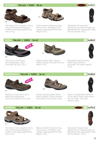 03
07
Nubukleder. Neoprenfutter.
Klettverschluss. Zwischensohle mit
Mikrofaserfutter. Hypergrip®- Sohle
DH 166. Gewicht: 312 g.
Nubukleder. Klettverschluss.
Phylon-Zwischensohle.
Chiruca®- Trip-Sohle. Gewicht:
267 g.
Nubuk- und Spaltleder. Klettvers-
chluss. Mesh. Phylon-Zwischenso-
hle. Chiruca®- Trip-Sohle.
Gewicht: 260 g.
Nubukleder. Neoprenfutter.
Klettverschluss. Zwischensohle mit
Mikrofaserfutter. Hypergrip®- Sohle
DH 166. Gewicht: 215 g.
Nubuck leather. Neoprene lining.
Velcro closure. Microfibre-lined
midsole. Hypergrip® DH166 sole.
Weight: 312 g.
Nubuck leather. Velcro closure.
Phylon midsole. Chiruca® Trip sole.
Weight: 267 g.
Nubuck and split leather. Velcro
fastening. Mesh. Phylon midsoles.
Chiruca® Trip sole. Weight: 260 g.
Nubuck leather. Neoprene lining.
Velcro closure. Microfibre-lined
midsole. Hypergrip® DH166 sole.
Weight: 215 g.
Piel nobuck. Forro neopreno. Cierre
velcro. Entresuela forrada de mi-
crofibra. Suela Hypergrip® DH166.
Peso: 312 g.
Piel nobuck. Cierre velcro.
Entresuela phylon. Suela
Chiruca® Trip. Peso: 267 g.
Nobuck y serraje. Cierre velcro.
Mesh. Entresuela phylon.
Suela Chiruca® Trip. Peso: 260 g.
Piel nobuck. Forro neopreno. Cierre
velcro. Entresuela forrada de mi-
crofibra. Suela Hypergrip® DH166.
Peso: 215 g.
02
01
06
01
04
ESTAMBUL TALLAS / SIZES 38-46 44961
01
NIZZA TALLAS / SIZES 36-42 44863
MARRAKECH TALLAS / SIZES 36-42 44862
GOMERA TALLAS / SIZES 36-42 44942
 
