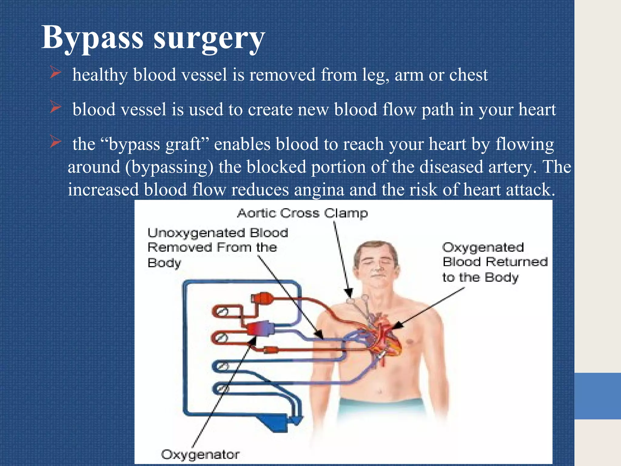 Bypass surgery
 healthy blood vessel is removed from leg, arm or chest
 blood vessel is used to create new blood flow path in your heart
 the “bypass graft” enables blood to reach your heart by flowing
around (bypassing) the blocked portion of the diseased artery. The
increased blood flow reduces angina and the risk of heart attack.
 