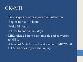 CK-MB
• Time sequence after myocardial infarction
Begins to rise 4-6 hours
Peaks 24 hours
returns to normal in 2 days
• MB2 released from heart muscle and converted
to MB1.
• A level of MB2 > or = 1 and a ratio of MB2/MB1
> 1.5 indicates myocardial injury
 