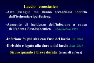 Laccio emostaticoLaccio emostatico
-Arto esangue ma danno secondario indotto
dall'ischemia-riperfusione.
-Aumento di incidenza dell’infezione a causa
dell’edema Post-ischemico AbdelSalam 1995
-Infezione % più alta con l’uso del laccio-Infezione % più alta con l’uso del laccio Yi 2014Yi 2014
-Il rischio e legato alla durata del laccio Butt 2011
Sicuro quando è breve durata (meno di un'ora)
 
