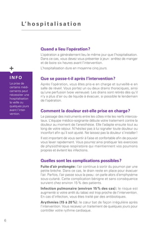 L’ h o s p i t a l i s a t i o n
Quand a lieu l’opération ?
L’opération a généralement lieu le même jour que l’hospitalisation.
Dans ce cas, vous devez vous présenter à jeun : arrêtez de manger
et de boire six heures avant l’intervention.
L’hospitalisation dure en moyenne cinq jours.
Que se passe-t-il après l’intervention ?
Après l’opération, vous êtes pris-e en charge et surveillé-e en
salle de réveil. Vous portez un ou deux drains thoraciques, ainsi
qu’une perfusion (voie veineuse). Les drains sont retirés dès qu’il
n’y a plus d’air ou de liquide à évacuer, si possible le lendemain
de l’opération.
Comment la douleur est-elle prise en charge ?
Le passage des instruments entre les côtes irrite les nerfs intercos-
taux. L’équipe médico-soignante débute votre traitement contre la
douleur au moment de l’anesthésie. Elle l’adapte ensuite tout au
long de votre séjour. N’hésitez pas à lui signaler toute douleur ou
inconfort afin qu’il soit ajusté. Ne laissez pas la douleur s’installer !
Il est important de vous sentir à l’aise et confortable afin de pouvoir
vous lever rapidement. Vous pourrez ainsi pratiquer les exercices
de physiothérapie respiratoire qui maintiennent vos poumons
propres et évitent les infections.
Quelles sont les complications possibles ?
Fuite d’air prolongée : l’air continue à sortir du poumon par une
petite brèche. Dans ce cas, le drain reste en place pour évacuer
l’air. Parfois, l’air passe sous la peau : on parle alors d’emphysème
sous-cutané. Cette complication bénigne et sans conséquence
survient chez environ 15 % des patients.
Infection pulmonaire (environ 15 % des cas) : le risque est
augmenté si votre arrêt du tabac est trop proche de l’intervention.
En cas d’infection, vous êtes traité par des antibiotiques.
Arythmies (15 à 20 %) : le cœur bat de façon irrégulière après
l’intervention. Vous recevez un traitement de quelques jours pour
contrôler votre rythme cardiaque.
I N F O
La prise de
certains médi-
caments peut
nécessiter une
hospitalisation
la veille ou
quelques jours
avant l’inter-
vention.
6
 