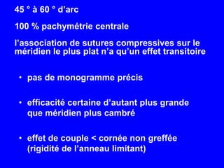 45 ° à 60 ° d’arc100 % pachymétrie centralel’association de sutures compressives sur le méridien le plus plat n’a qu’un effet transitoirepas de monogramme précisefficacité certaine d’autant plus grande que méridien plus cambréeffet de couple < cornée non greffée (rigidité de l’anneaulimitant)
