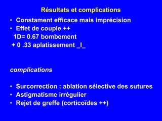 Résultats et complicationsConstament efficace mais imprécisionEffet de couple ++  1D= 0.67 bombement + 0 .33 aplatissement _I_complicationsSurcorrection: ablation sélective des suturesAstigmatisme irrégulierRejet de greffe (corticoïdes ++)