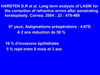 HARDTEN D.R et al. Long termanalysis of LASIK for the correction of refractiveerrorsafterpenetratingkeratoplasty. Cornea. 2004 ; 23 : 479-489       57 yeux; Astigmatisme préopératoire : 4.67D               A 2 ans réduction de 58 %    16 % d’invasions épithéliales     5 % rejet entre 8 mois et 3 ans