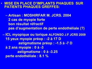 MISE EN PLACE D’IMPLANTS PHAQUES  SUR PATIENTS PHAQUES GREFFES:Artisan : MOSHIRFAR M. JCRS. 2004	2 cas de myopie forte	bon résultat réfractif	pas d’augmentation de perte endothéliale (?)ICL myopique ou torique ALFONSO J.F JCRS 2009	15 yeux myopie préop : -2 à 17 D			  astigmatisme préop : -1.5 à -7 D	à 2 ans myopie : 0 à -3			 astigmatisme : 0 à -3.25	perte endothéliale : 8.1 %
