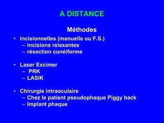 A DISTANCE MéthodesIncisionnelles (manuelle ou F.S.)incisions relaxantesrésection cunéiformeLaser Excimer PRKLASIKChirurgie intraoculaireChez le patient pseudophaque Piggy backImplant phaque