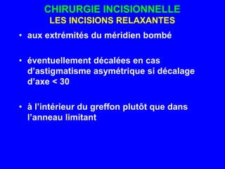 CHIRURGIE INCISIONNELLELES INCISIONS RELAXANTESaux extrémités du méridien bombééventuellement décalées en cas d’astigmatisme asymétrique si décalage d’axe < 30 °à l’intérieur du greffonplutôtquedansl’anneaulimitant
