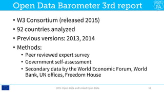 •  W3 Consortium (released 2015)
•  92 countries analyzed
•  Previous versions: 2013, 2014
•  Methods:
•  Peer reviewed expert survey
•  Government self-assessment
•  Secondary data by the World Economic Forum, World
Bank, UN oﬀices, Freedom House
CHIS:	Open	Data	and	Linked	Open	Data	 11	
Open Data Barometer 3rd report
 