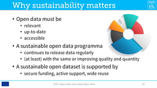 •  Open data must be 
•  relevant
•  up-to-date
•  accessible
•  A sustainable open data programma
•  continues to release data regularly
•  (at least) with the same or improving quality and quantity
•  A sustainable open dataset is supported by
•  secure funding, active support, wide reuse
CHIS:	Open	Data	and	Linked	Open	Data	 61	
Why sustainability matters
 