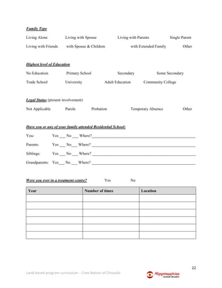 22
Land-based program curriculum – Cree Nation of Chisasibi
Family Type
Living Alone Living with Spouse Living with Parents Single Parent
Living with Friends with Spouse & Children with Extended Family Other
Highest level of Education
No Education Primary School Secondary Some Secondary
Trade School University Adult Education Community College
Legal Status (present involvement)
Not Applicable Parole Probation Temporary Absence Other
Have you or any of your family attended Residential School:
You: Yes ___ No ___ Where?____________________________________________________
Parents: Yes ___ No___ Where? ____________________________________________________
Siblings: Yes ___ No ___ Where? ____________________________________________________
Grandparents: Yes___ No ___ Where? ____________________________________________________
Were you ever in a treatment centre? Yes No
Year Number of times Location
 