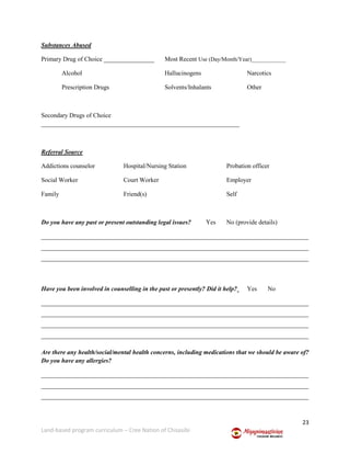 23
Land-based program curriculum – Cree Nation of Chisasibi
Substances Abused
Primary Drug of Choice ________________ Most Recent Use (Day/Month/Year)____________
Alcohol Hallucinogens Narcotics
Prescription Drugs Solvents/Inhalants Other
Secondary Drugs of Choice
_______________________________________________________________
Referral Source
Addictions counselor Hospital/Nursing Station Probation officer
Social Worker Court Worker Employer
Family Friend(s) Self
Do you have any past or present outstanding legal issues? Yes No (provide details)
_____________________________________________________________________________________
_____________________________________________________________________________________
_____________________________________________________________________________________
Have you been involved in counselling in the past or presently? Did it help? Yes No
_____________________________________________________________________________________
_____________________________________________________________________________________
_____________________________________________________________________________________
_____________________________________________________________________________________
Are there any health/social/mental health concerns, including medications that we should be aware of?
Do you have any allergies?
_____________________________________________________________________________________
_____________________________________________________________________________________
_____________________________________________________________________________________
 