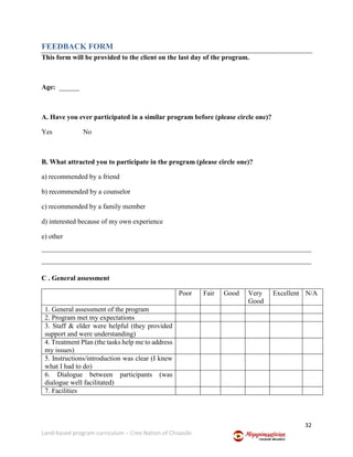 32
Land-based program curriculum – Cree Nation of Chisasibi
FEEDBACK FORM
This form will be provided to the client on the last day of the program.
Age: ______
A. Have you ever participated in a similar program before (please circle one)?
Yes No
B. What attracted you to participate in the program (please circle one)?
a) recommended by a friend
b) recommended by a counselor
c) recommended by a family member
d) interested because of my own experience
e) other
______________________________________________________________________________
______________________________________________________________________________
C . General assessment
Poor Fair Good Very
Good
Excellent N/A
1. General assessment of the program
2. Program met my expectations
3. Staff & elder were helpful (they provided
support and were understanding)
4. Treatment Plan (the tasks help me to address
my issues)
5. Instructions/introduction was clear (I knew
what I had to do)
6. Dialogue between participants (was
dialogue well facilitated)
7. Facilities
 
