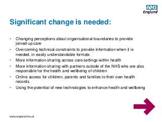 www.england.nhs.uk
• Changing perceptions about organisational boundaries to provide
joined-up care
• Overcoming technical constraints to provide information when it is
needed, in easily understandable formats
• More information sharing across care settings within health
• More information sharing with partners outside of the NHS who are also
responsible for the health and wellbeing of children
• Online access for children, parents and families to their own health
records
• Using the potential of new technologies to enhance health and wellbeing
Significant change is needed:
 