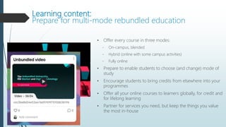 Learning content:
Prepare for multi-mode rebundled education
• Offer every course in three modes:
- On-campus, blended
- H...
