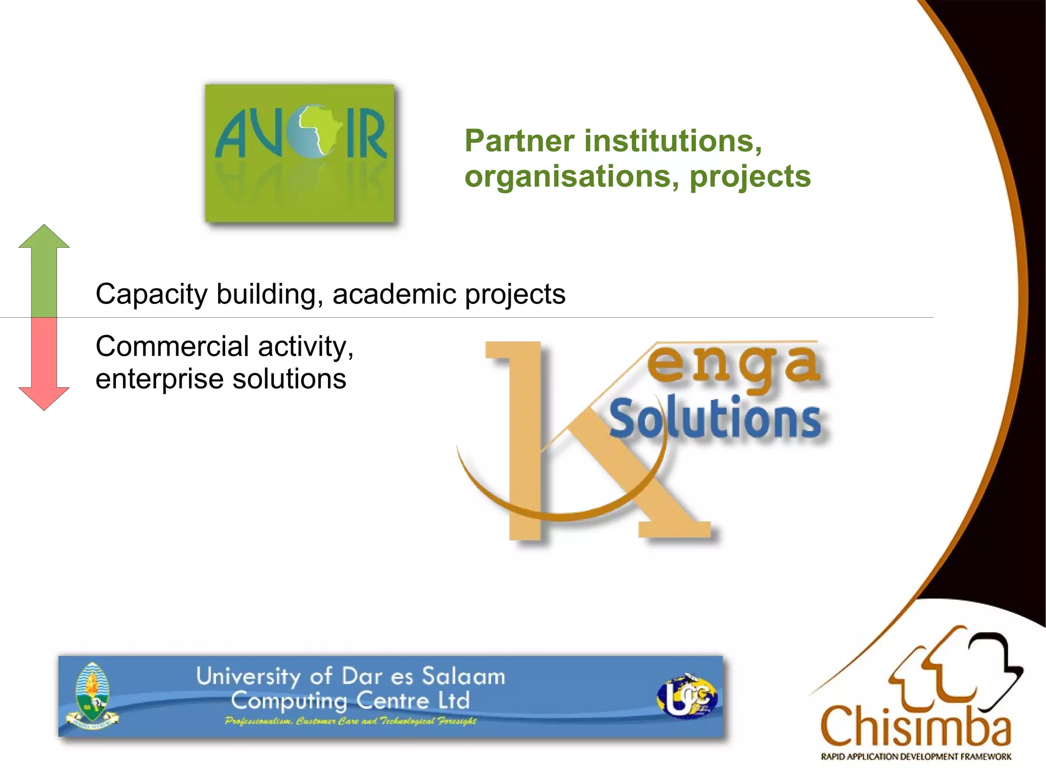Partner institutions,
                                organisations, projects


    Capacity building, academic projects
    Commercial activity,
    enterprise solutions




                                     
 