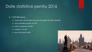 Date statistice pentru 2016
 7 192 408 volume
 manuscrise: 23 312 (cele mai vechi sunt papirii din epoca elenică)
 titluri periodice curente: 10 739
 cititori înregistrați: 26 563
 vizitatori: 711 601
 locuri de muncă: 454,5
 