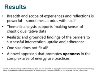 Results
• Breadth and scope of experiences and reflections is
powerful – sometimes at odds with itself
• Thematic analysis supports ‘making sense’ of
chaotic qualitative data
• Realistic and grounded findings of the barriers to
successful intervention uptake and adherence
• One size does not fit all*
• A novel approach that promotes openness in the
complex area of energy use practices
Helen Ai He, Saul Greenberg, and Elaine M. Huang. 2010. One size does not fit all: applying the transtheoretical model to energy feedback technology
design. In Proceedings of the SIGCHI Conference on Human Factors in Computing Systems (CHI '10). ACM, New York, NY, USA, 927-936.
 