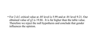 • For 2 d.f. critical value at .05 level is 5.99 and at .01 level 9.21. Our
obtained value of χ2 is 19.86 . It is far higher than the table value.
Therefore we reject the null hypothesis and conclude that gender
influences the opinion.
 