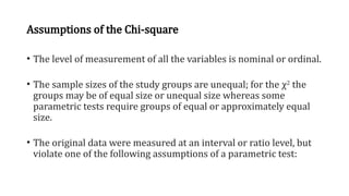 Assumptions of the Chi-square
• The level of measurement of all the variables is nominal or ordinal.
• The sample sizes of the study groups are unequal; for the χ2
the
groups may be of equal size or unequal size whereas some
parametric tests require groups of equal or approximately equal
size.
• The original data were measured at an interval or ratio level, but
violate one of the following assumptions of a parametric test:
 