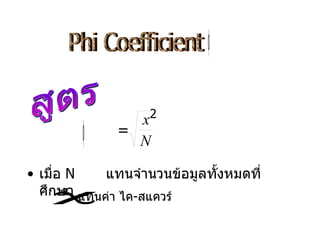 เมื่อ  N  แทนจำนวนข้อมูลทั้งหมดที่ศึกษา สูตร 2 Phi Coefficient  แทนค่า ไค - สแควร์ 
