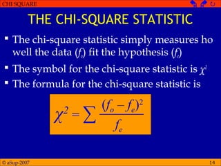 © aSup-2007
CHI SQUARE   
14
THE CHI-SQUARE STATISTIC
 The chi-square statistic simply measures ho
well the data (fo) fit the hypothesis (fe)
 The symbol for the chi-square statistic is χ2
 The formula for the chi-square statistic is
χ2
= ∑
(fo – fe)2
fe
 