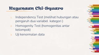 Kegunaan Chi-Square
1. Independency Test (melihat hubungan atau
pengaruh dua variabel kategori )
2. Homogenity Test (homogenitas antar
kelompok)
3. Uji kenormalan data
 