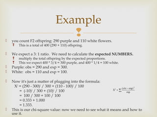 Example
                                    
   you count F2 offspring: 290 purple and 110 white flowers.
       This is a total of 400 (290 + 110) offspring.

   We expect a 3: 1 ratio. We need to calculate the expected NUMBERS.
       multiply the total offspring by the expected proportions.
       This we expect 400 * 3/4 = 300 purple, and 400 * 1/4 = 100 white.
   Purple: obs = 290 and exp = 300.
   White: obs = 110 and exp = 100.

   Now it's just a matter of plugging into the formula:
     Χ2 = (290 - 300)2 / 300 + (110 - 100)2 / 100
         = (-10)2 / 300 + (10)2 / 100
         = 100 / 300 + 100 / 100
         = 0.333 + 1.000
         = 1.333.
   This is our chi-square value: now we need to see what it means and how to
    use it.
 