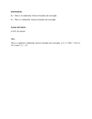 HYPOTHESIS
Ho = There is no relationship between breastfed and overweight.
H1 = There is a relationship between breastfed and overweight.
MAKE DECISION
p<0.05, Ho rejected
APA:
There is a significant relationship between breastfed and overweight, χ 2 (1, N =300) = 5.263, p<
.05, Cramer’s V = .132
 