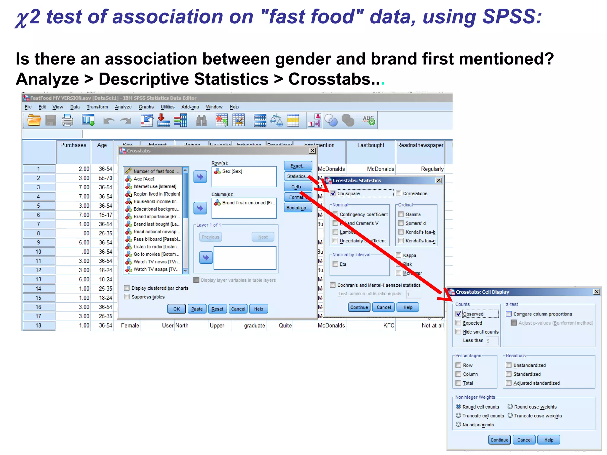 χ2 test of association on "fast food" data, using SPSS:
Is there an association between gender and brand first mentioned?
Analyze > Descriptive Statistics > Crosstabs...
 