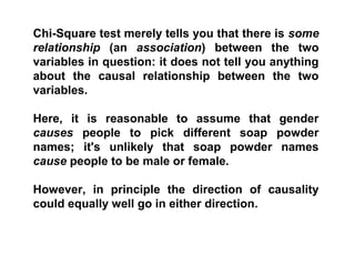 Chi-Square test merely tells you that there is some
relationship (an association) between the two
variables in question: it does not tell you anything
about the causal relationship between the two
variables.
Here, it is reasonable to assume that gender
causes people to pick different soap powder
names; it's unlikely that soap powder names
cause people to be male or female.
However, in principle the direction of causality
could equally well go in either direction.
 