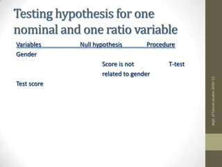 Steps in Hypothesis Testing State research hypothesis State null hypothesisDecide the appropriate test criterion( eg. t test, χ2 test, F test etc.)Set significance level (e.g., .05 level) Observe results Statistics calculate probability of results if null hypothesis were true If probability of observed results is less than significance level, then reject the nulldept. of futures studies 2010-'12