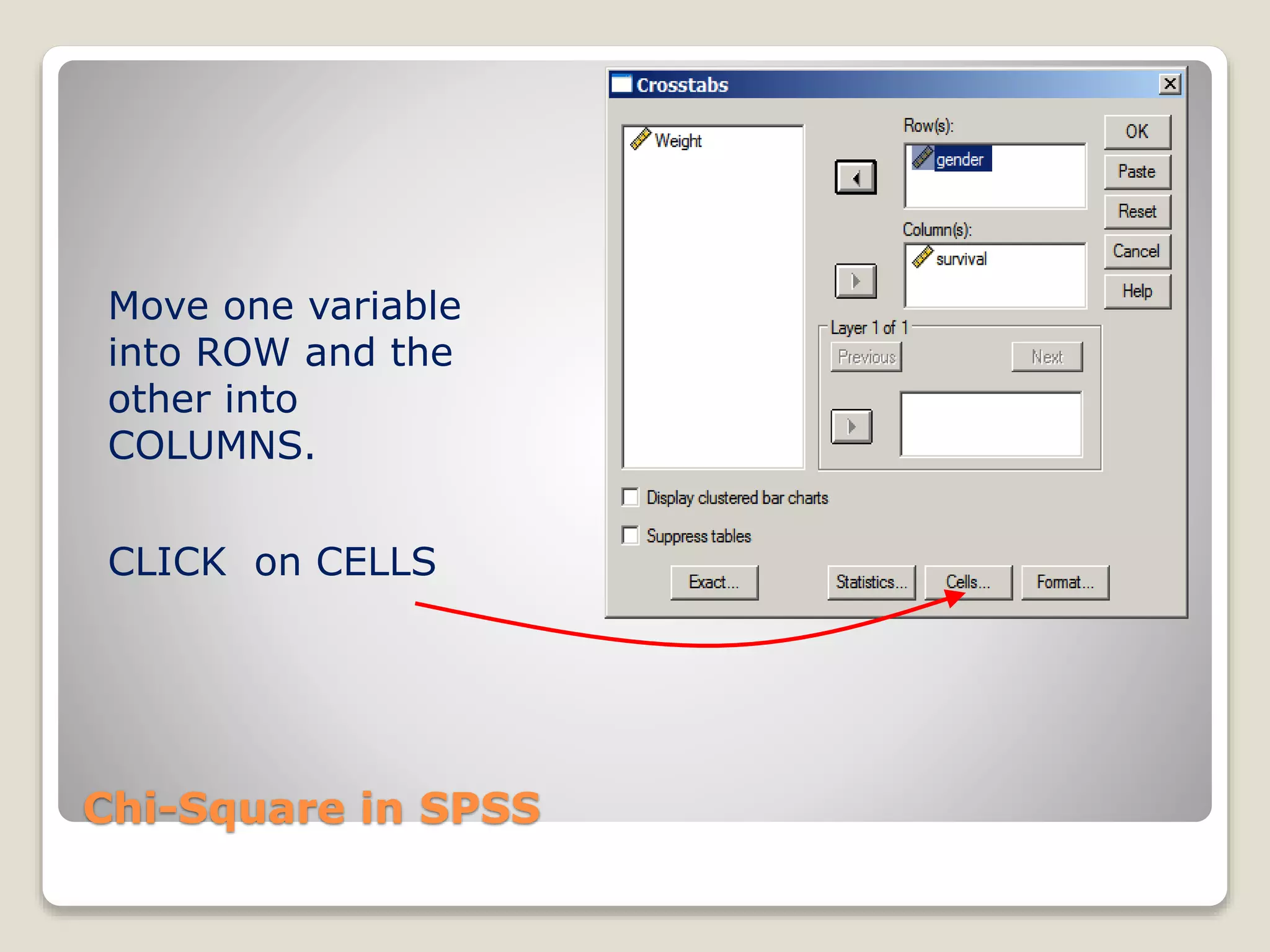 Chi-Square in SPSS
Move one variable
into ROW and the
other into
COLUMNS.
CLICK on CELLS
 