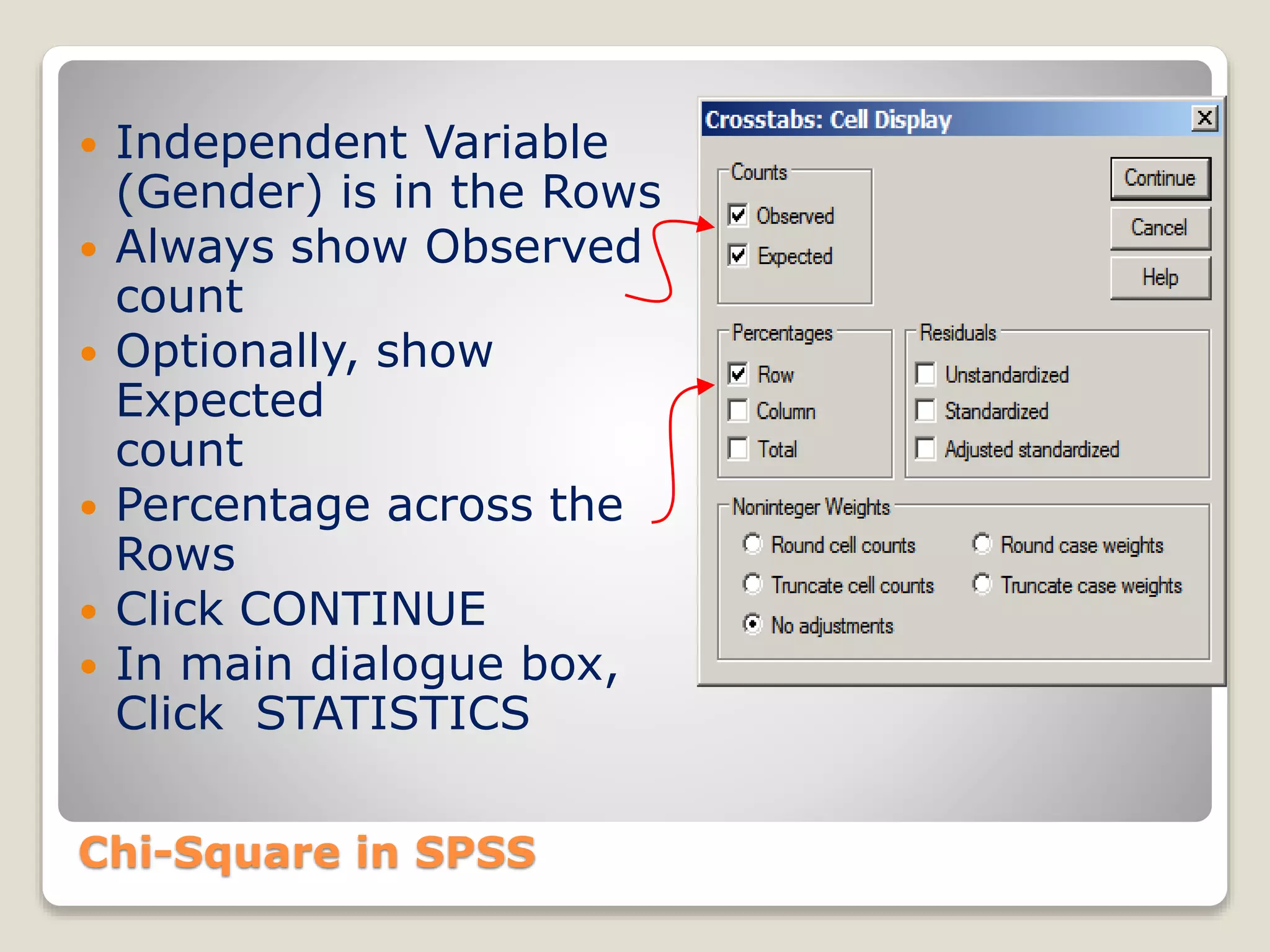 Chi-Square in SPSS
 Independent Variable
(Gender) is in the Rows
 Always show Observed
count
 Optionally, show
Expected
count
 Percentage across the
Rows
 Click CONTINUE
 In main dialogue box,
Click STATISTICS
 